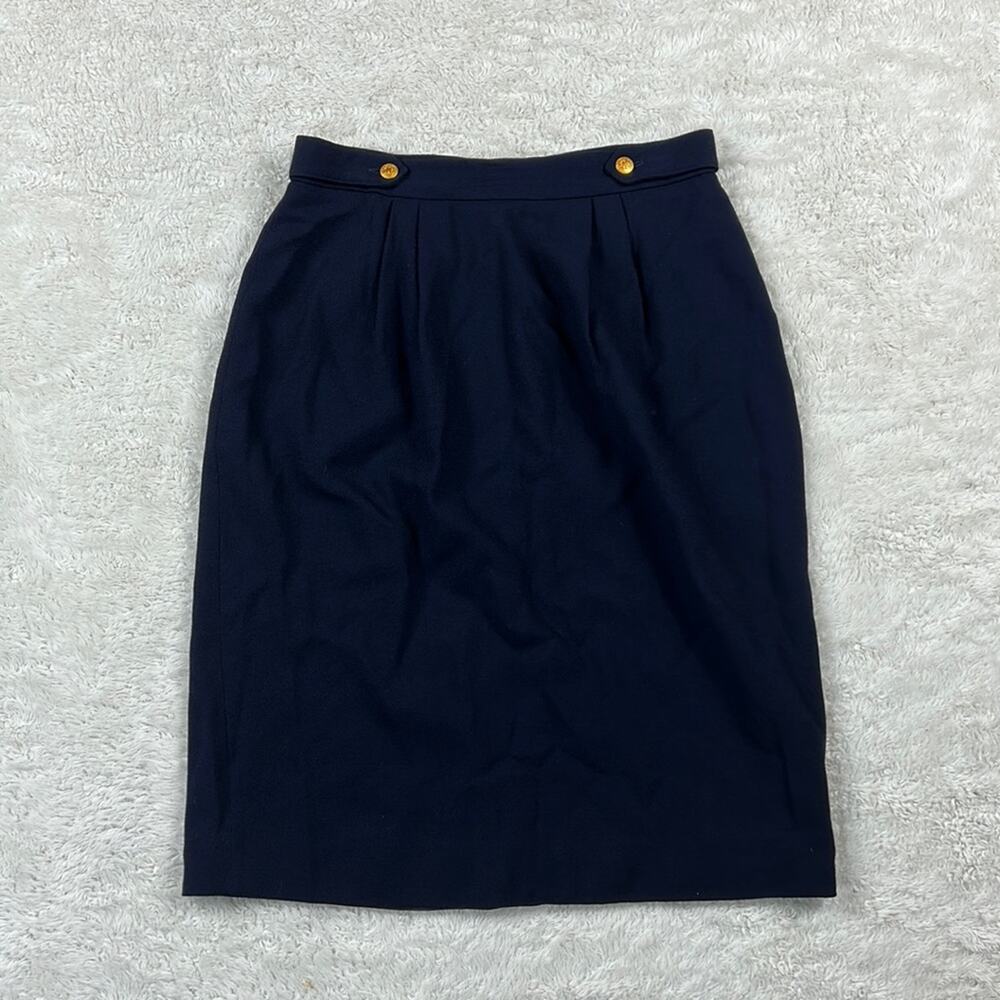 Vintage 90s navy wool midi skirt with gold buttons‎ at hips, size small